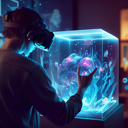 persona con visore VR che osserva un oggetto in una teca di vetro