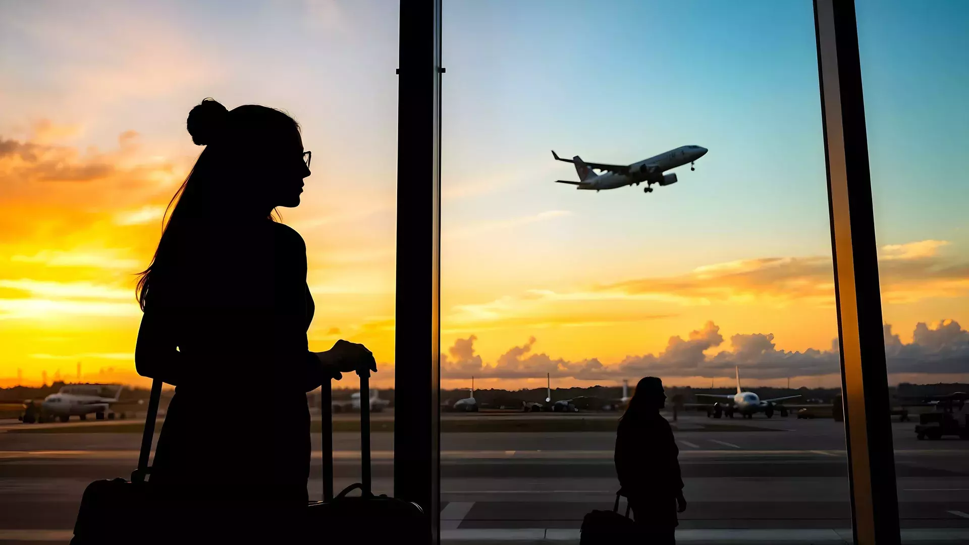 profilo in controluce di persona in aeroporto, aereo che decolla