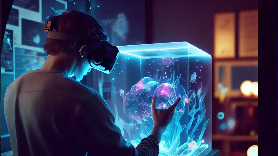 Ragazzo che osserva una teca trasparente con la realtà virtuale